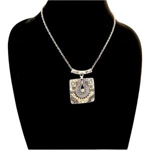 CHICO'S Silver Square Engraved Pendant Necklace w Crystal Accents | NEW